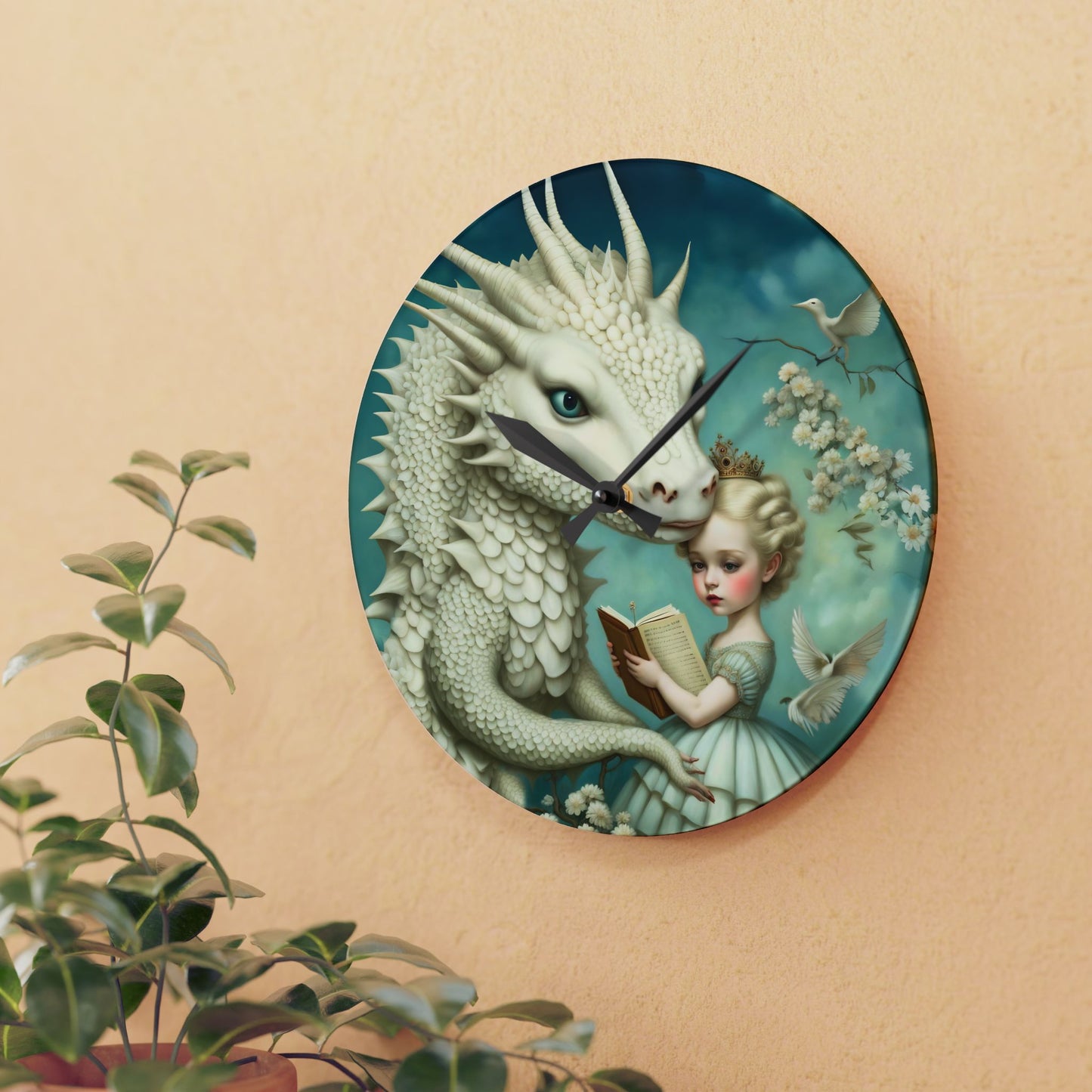 Acrylic Wall Clock Girl with a White Dragon Art