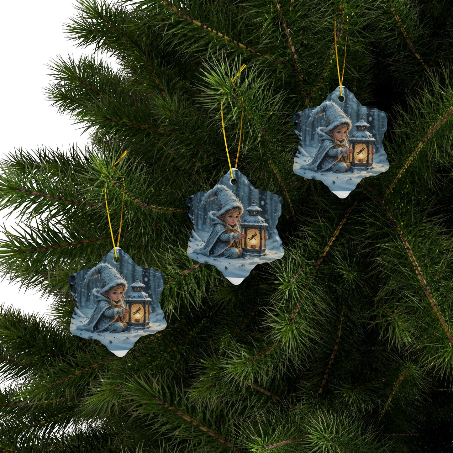 Ceramic Ornaments - Magical Holiday Elf with Dragonfly Lantern Art