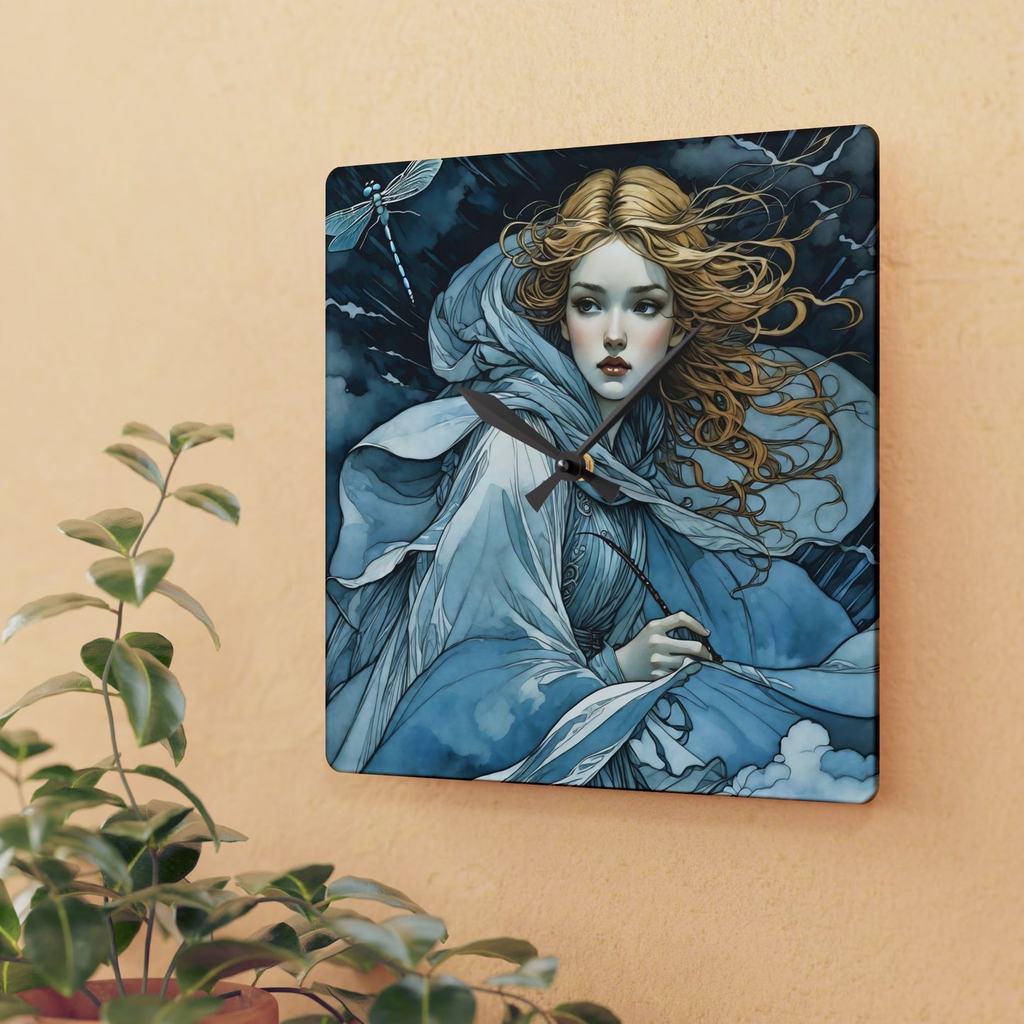 Acrylic Wall Clock Blue fairy with a dragonfly art by Fairyhill studio