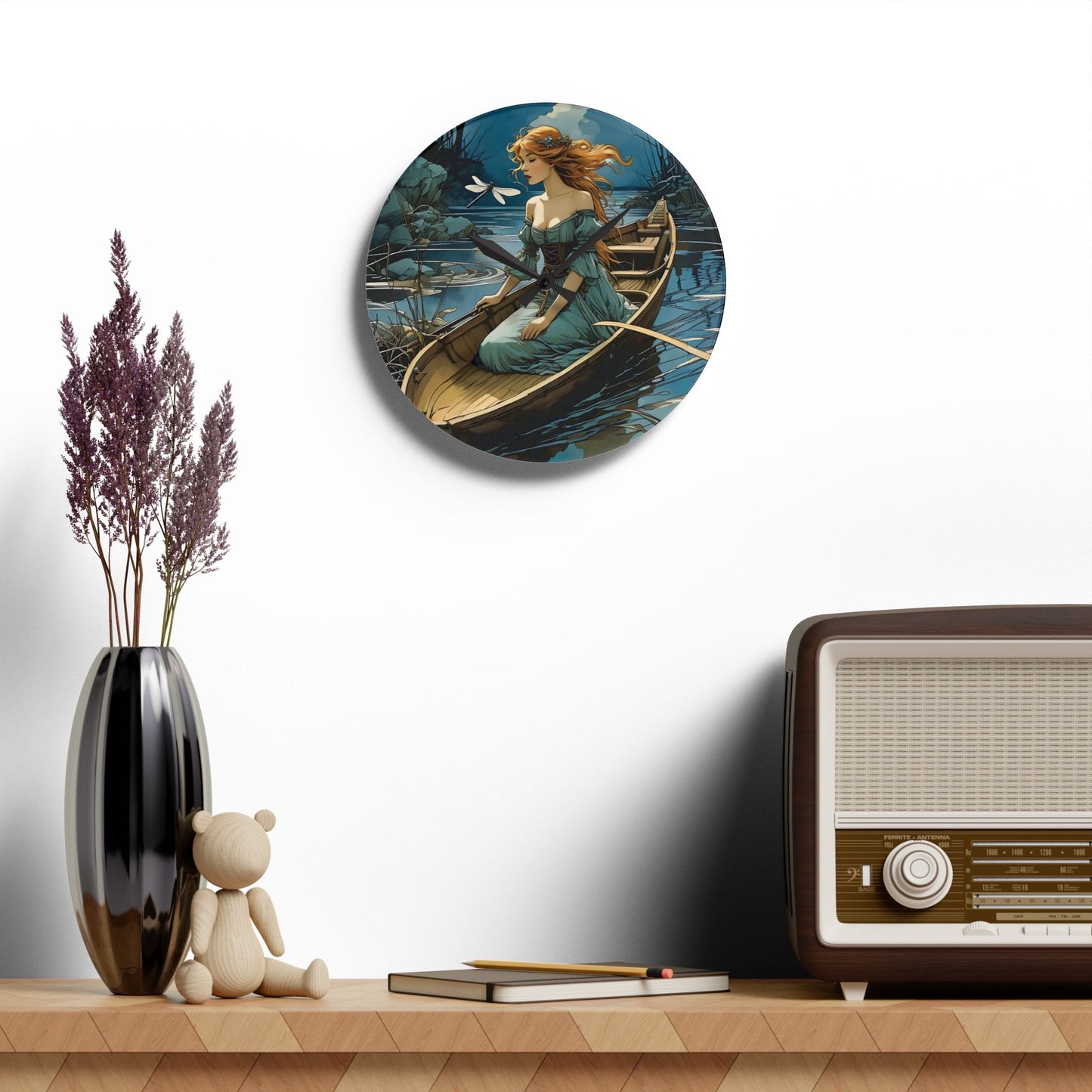 Acrylic Wall Clock Woman in a boat with a Dragonfly