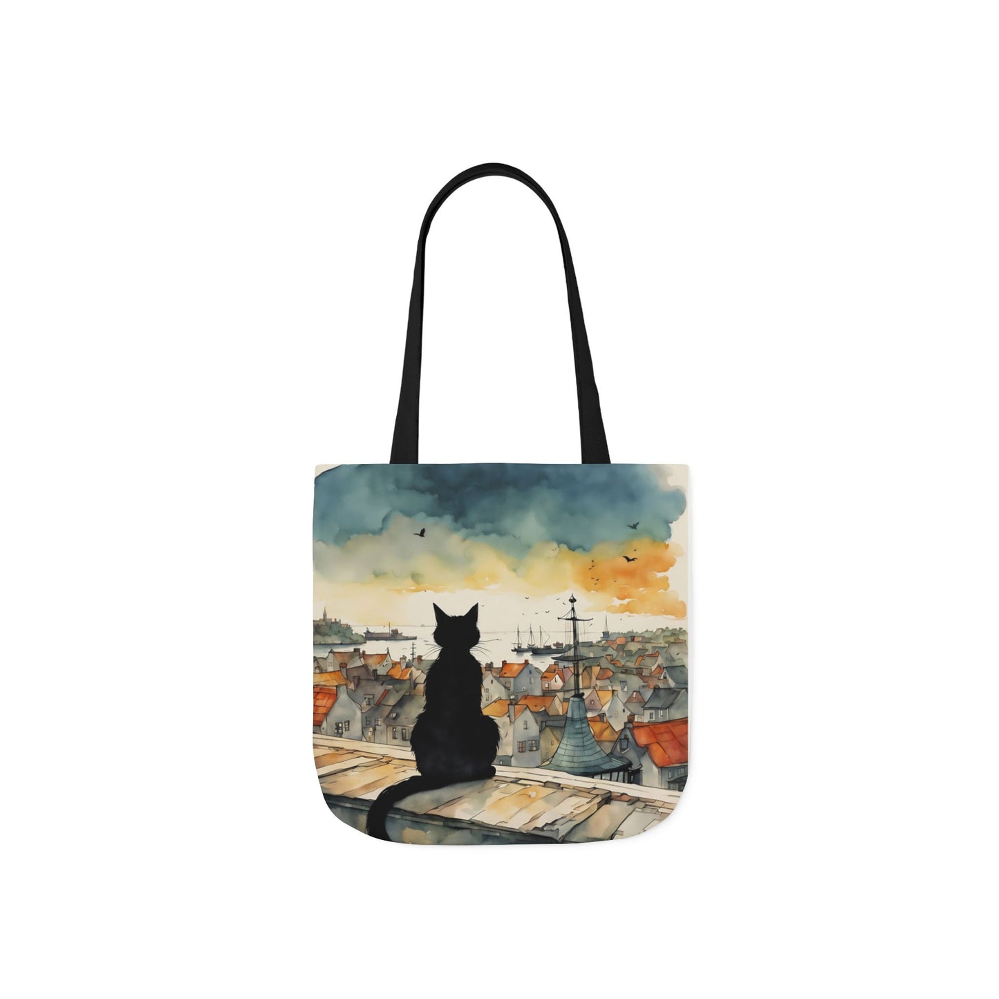 Black cat on a roof top FairyHill Studio Red phone- Canvas Tote Bag - Perfect for Beach Days, Eco-Friendly Shopping, and Summer Fun!