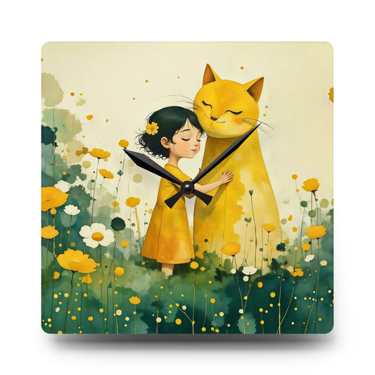 Girl with yellow cat Acrylic Wall Clock