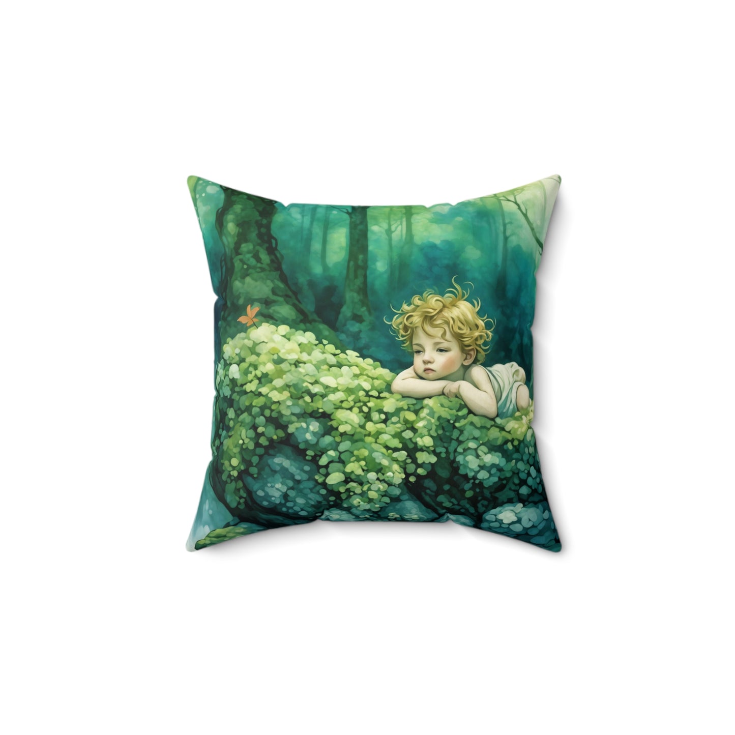Cherub in the woods Square Pillow - by Fairyhill Studio