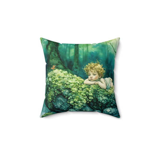 Cherub in the woods  Square Pillow - by Fairyhill Studio