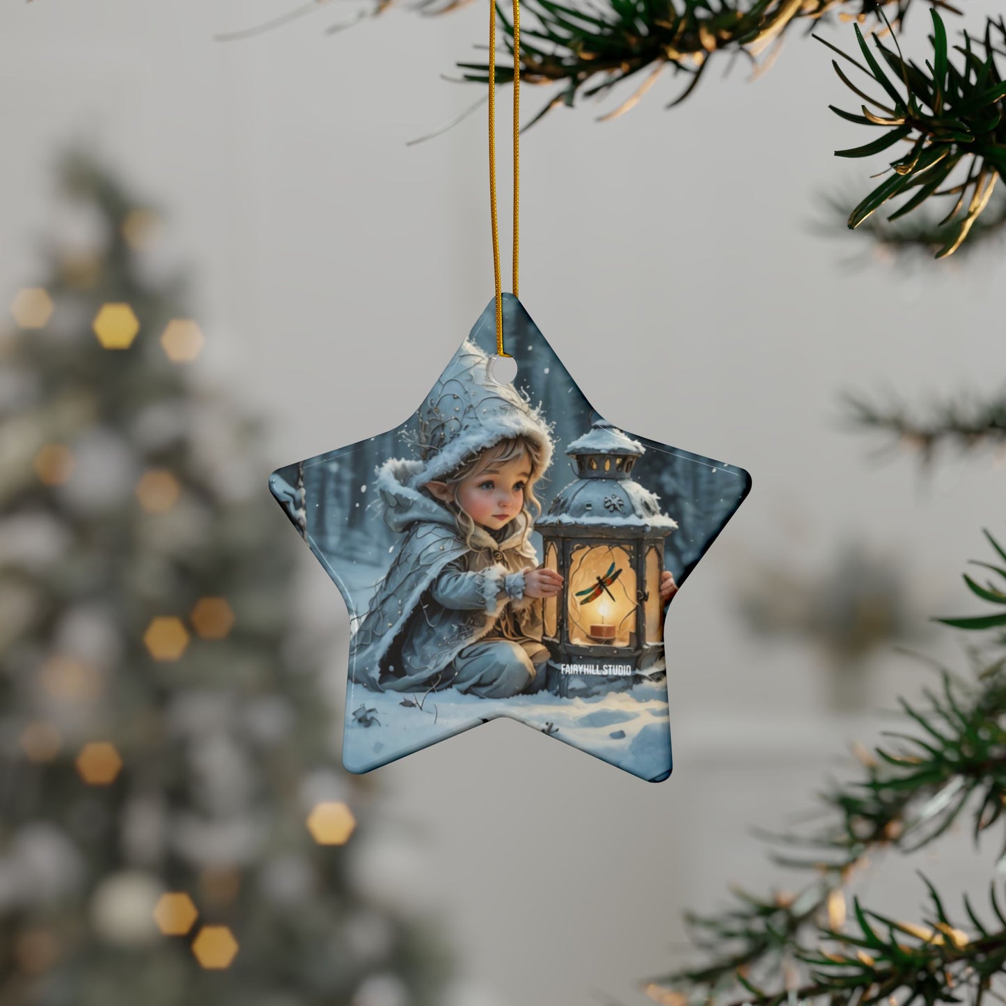 Ceramic Ornaments - Magical Holiday Elf with Dragonfly Lantern Art