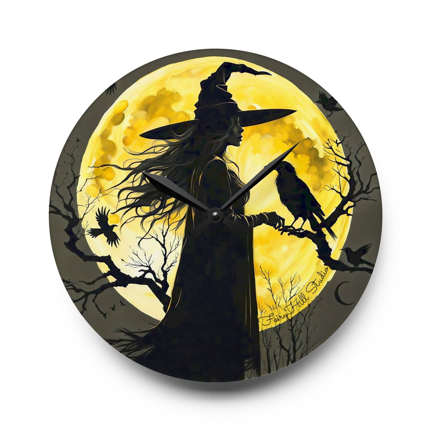 Wall Clock Moon Witch and Crow Halloween Decor
