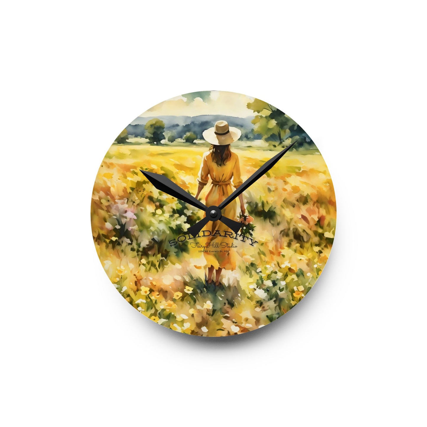 Wall Clock Lady in Yellow Dress Watercolor Art