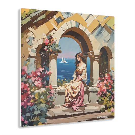 Art Acrylic Print - Woman Watching Sea View from Balcony