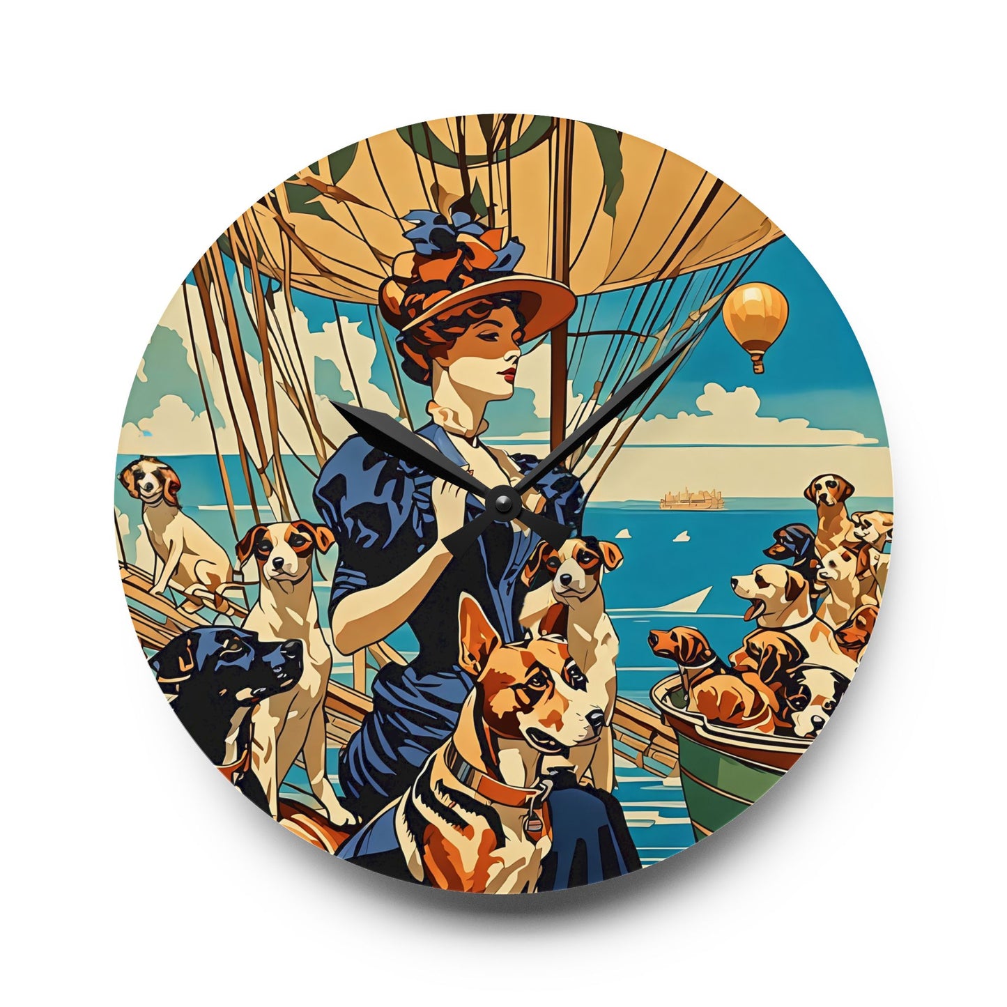 Acrylic Wall Clock - Sailing Away with My Dogs Illustration Art