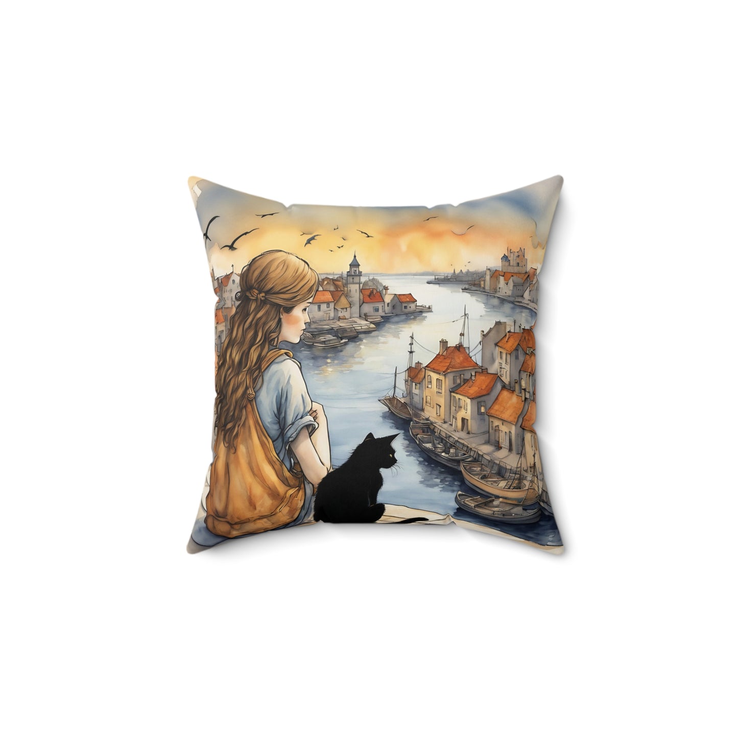 Girl with black cat  Black cat on a balcony  Square Pillow - by Fairyhill Studio