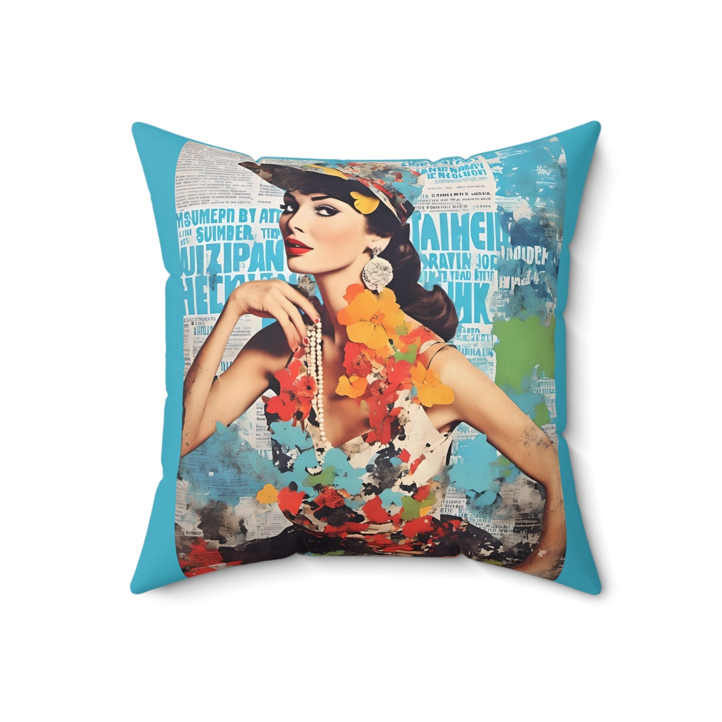 Square Pillow Colorful Fashion Model with Hat Collage Art