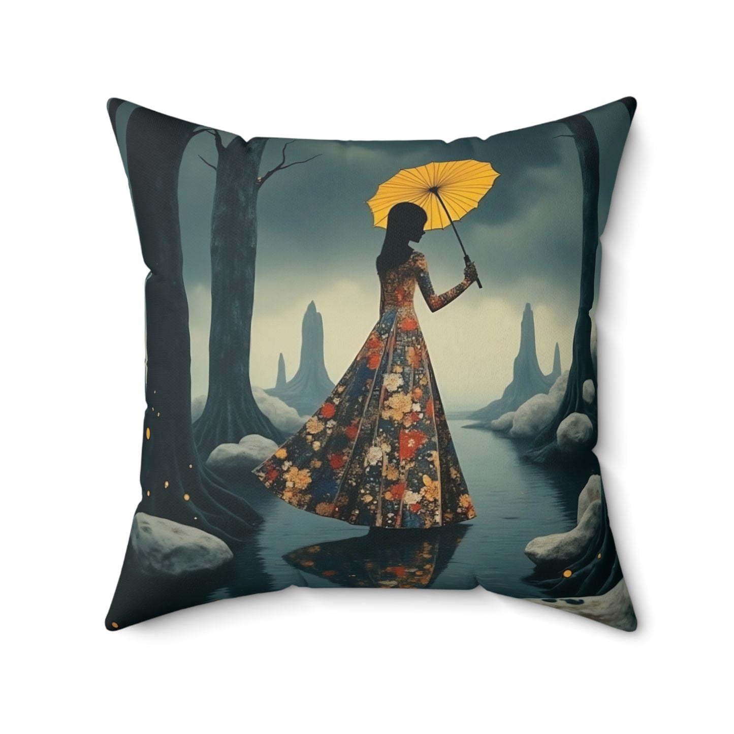 Yellow umbrella Square Pillow - by Fairyhill Studio