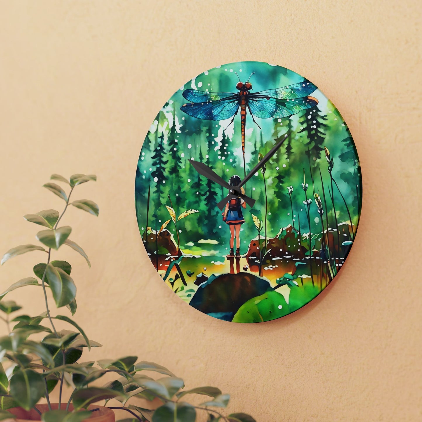 Wall Clock - Watercolor Art of Girl Flying Dragonfly Kite by Fairyhill Studio