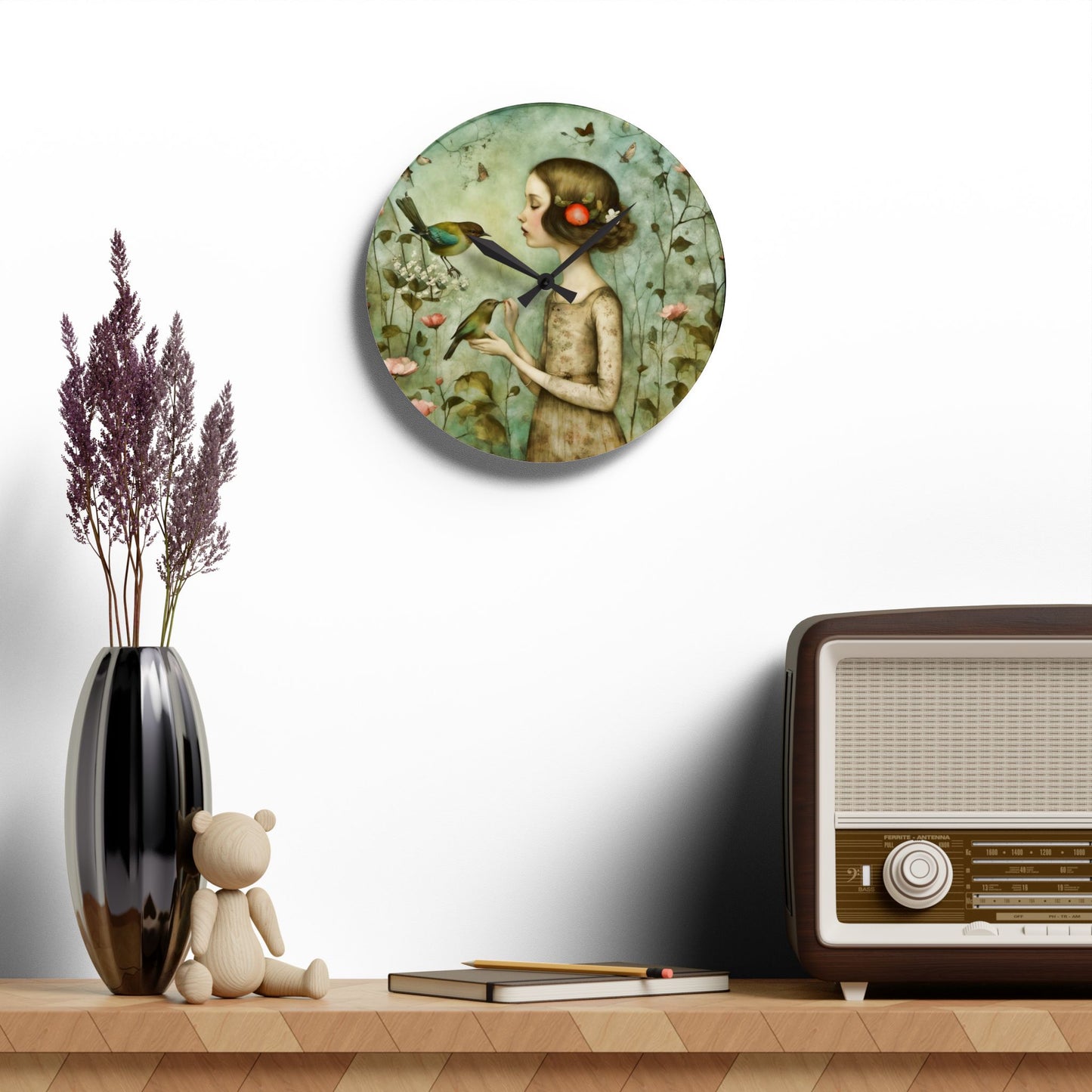 Acrylic Wall Clock - Meditative Girl with Song Birds Artwork