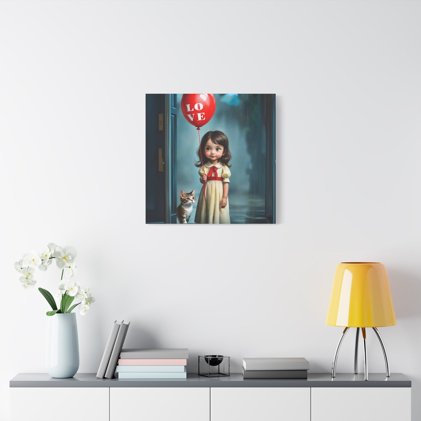 Canvas Print - Cute Girl with Red Love Balloon and Cat Art by Fairyhill Studio