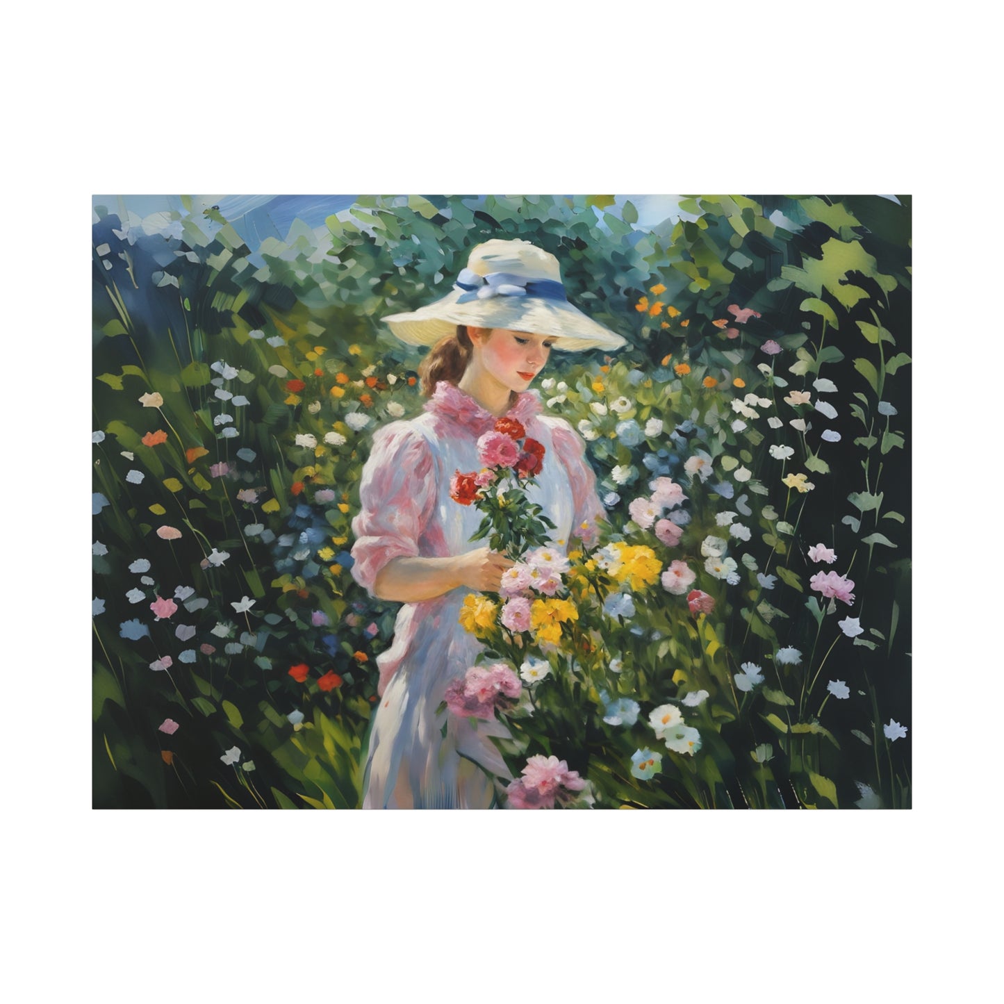Canvas Art - Monet Style Floral Serenity with Elegant Woman and Flower Basket, Stretched Matte 1 25"