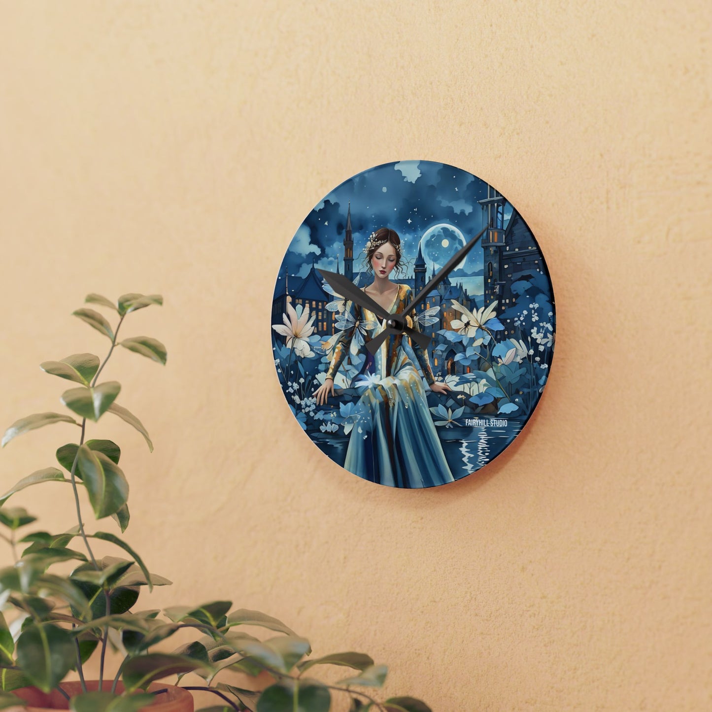 Acrylic Wall Clock Beauty in Blue with dragonflies /Art