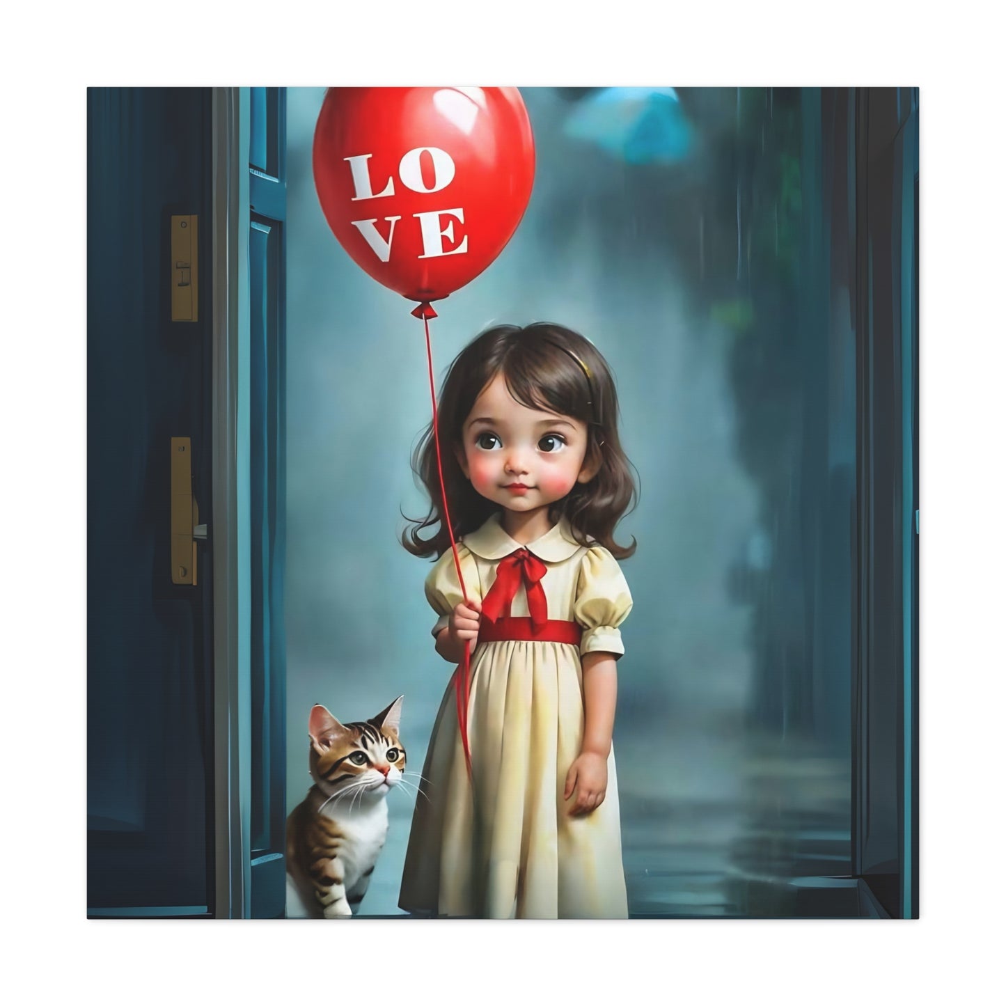 Canvas Print - Cute Girl with Red Love Balloon and Cat Art by Fairyhill Studio