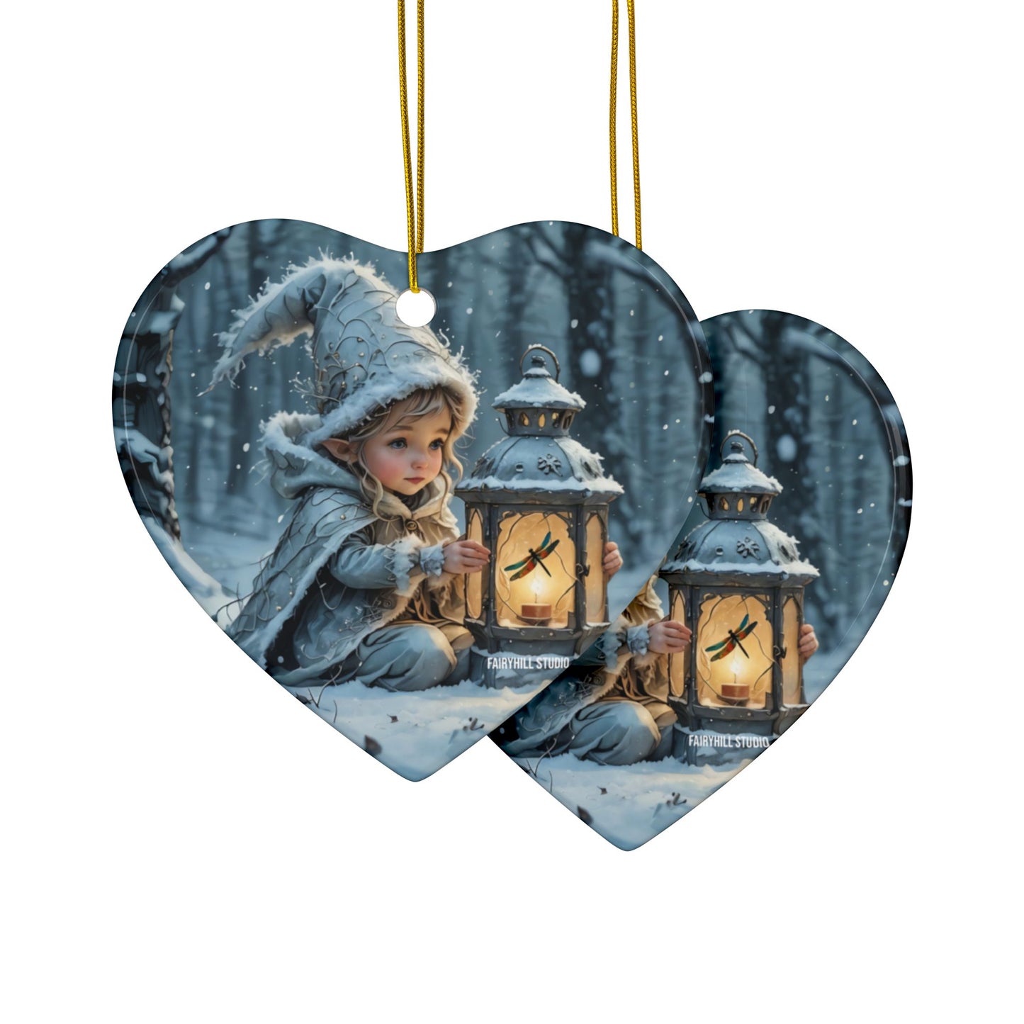Ceramic Ornaments - Magical Holiday Elf with Dragonfly Lantern Art