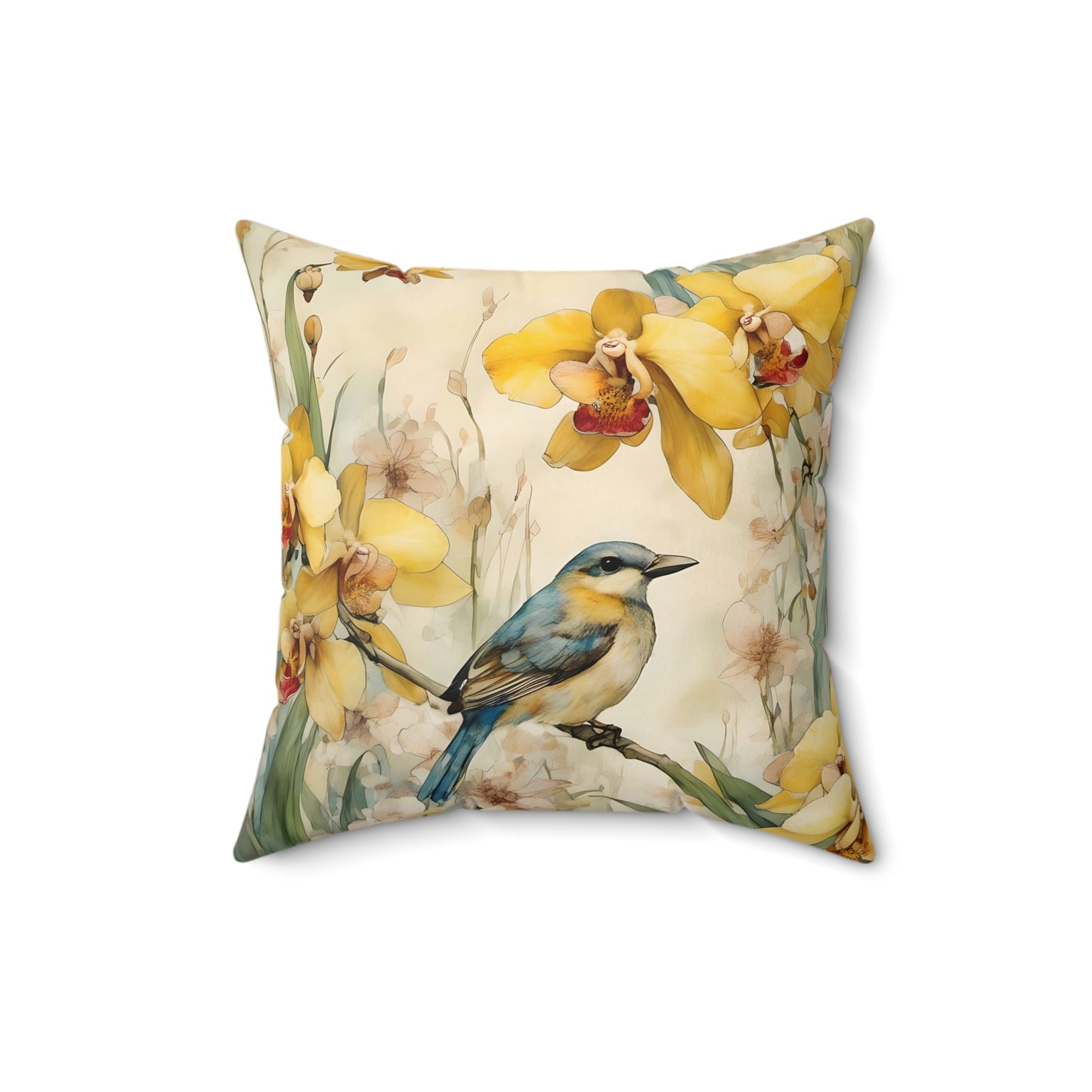 Square Pillow Blue Bird Yellow Flowers Summer Art Throw Pillow