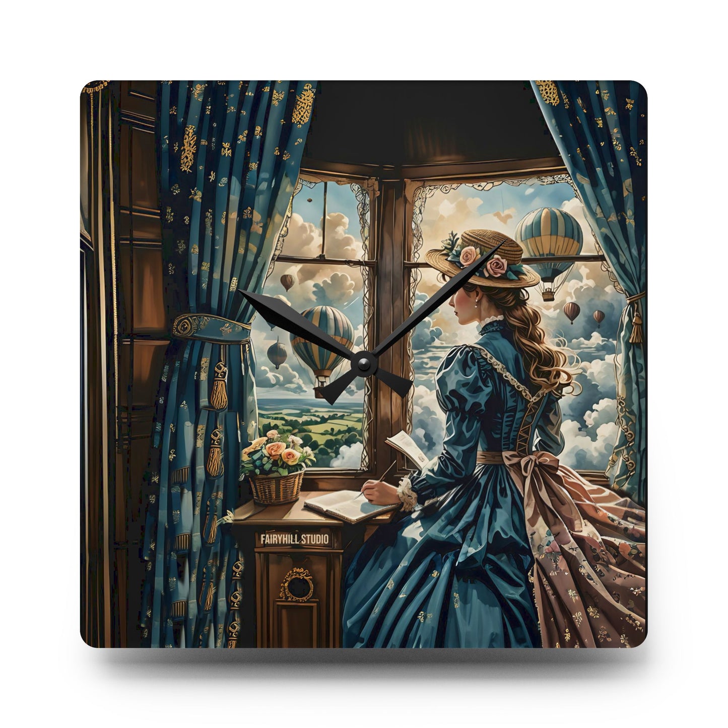 Acrylic Wall Clock -Victorian girl watching the Hot Air Balloons