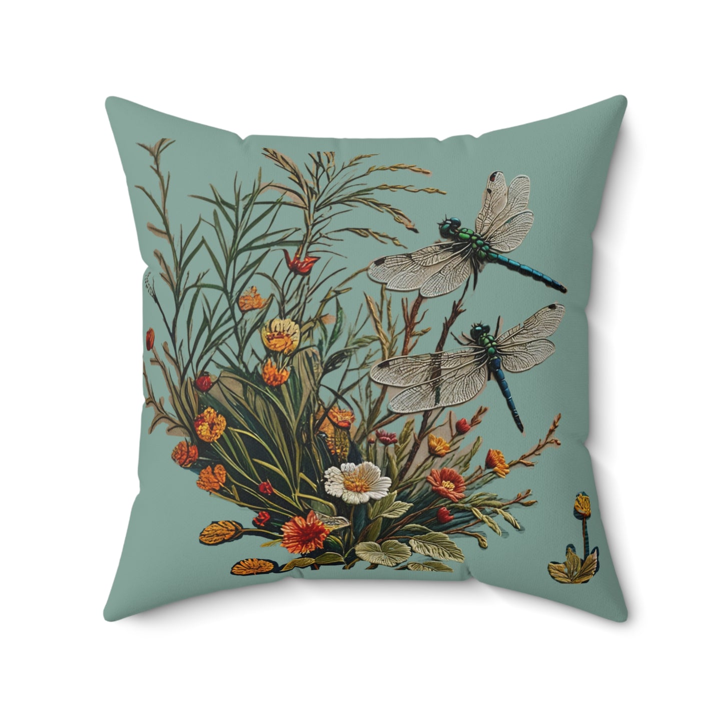 Square Pillow - Dragonflies on a Blue Pond with flowers Art by Fairyhill Studio