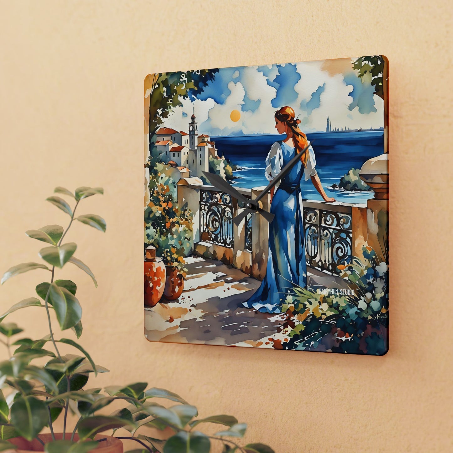 Acrylic Wall Clock - Mediterranean Balcony Sea View Watercolor Art
