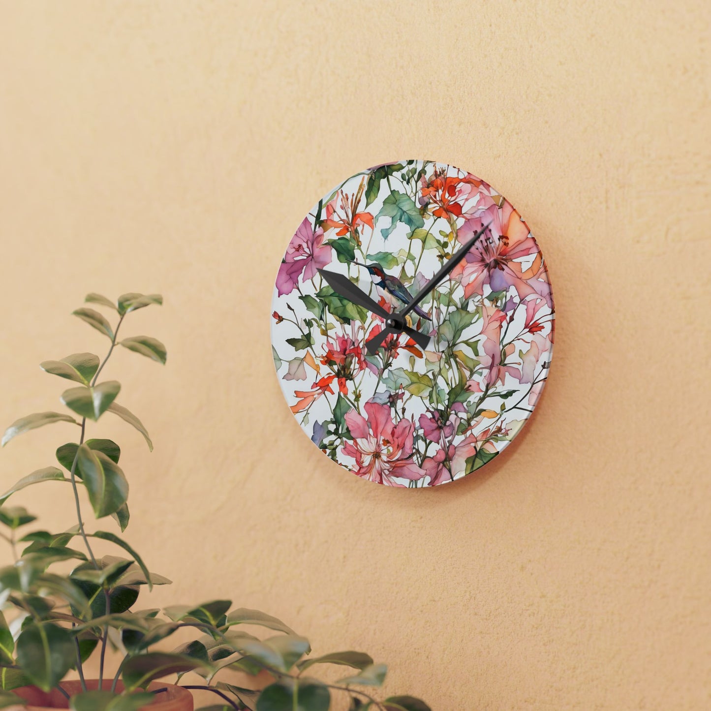 Wall Clock - Hummingbird in Pink Wild Flowers Watercolor Art by Fairyhill Studio