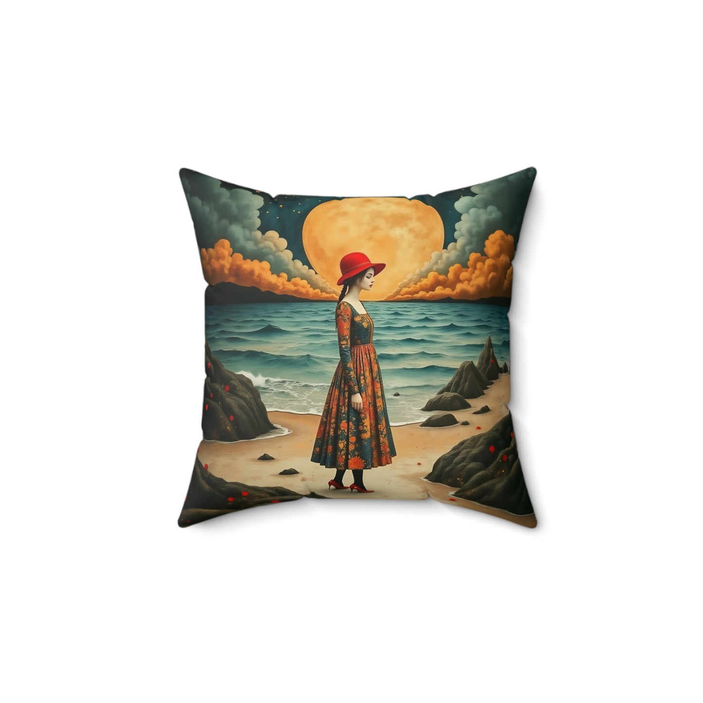 Moonlight girl with red hat Square Pillow - by Fairyhill Studio