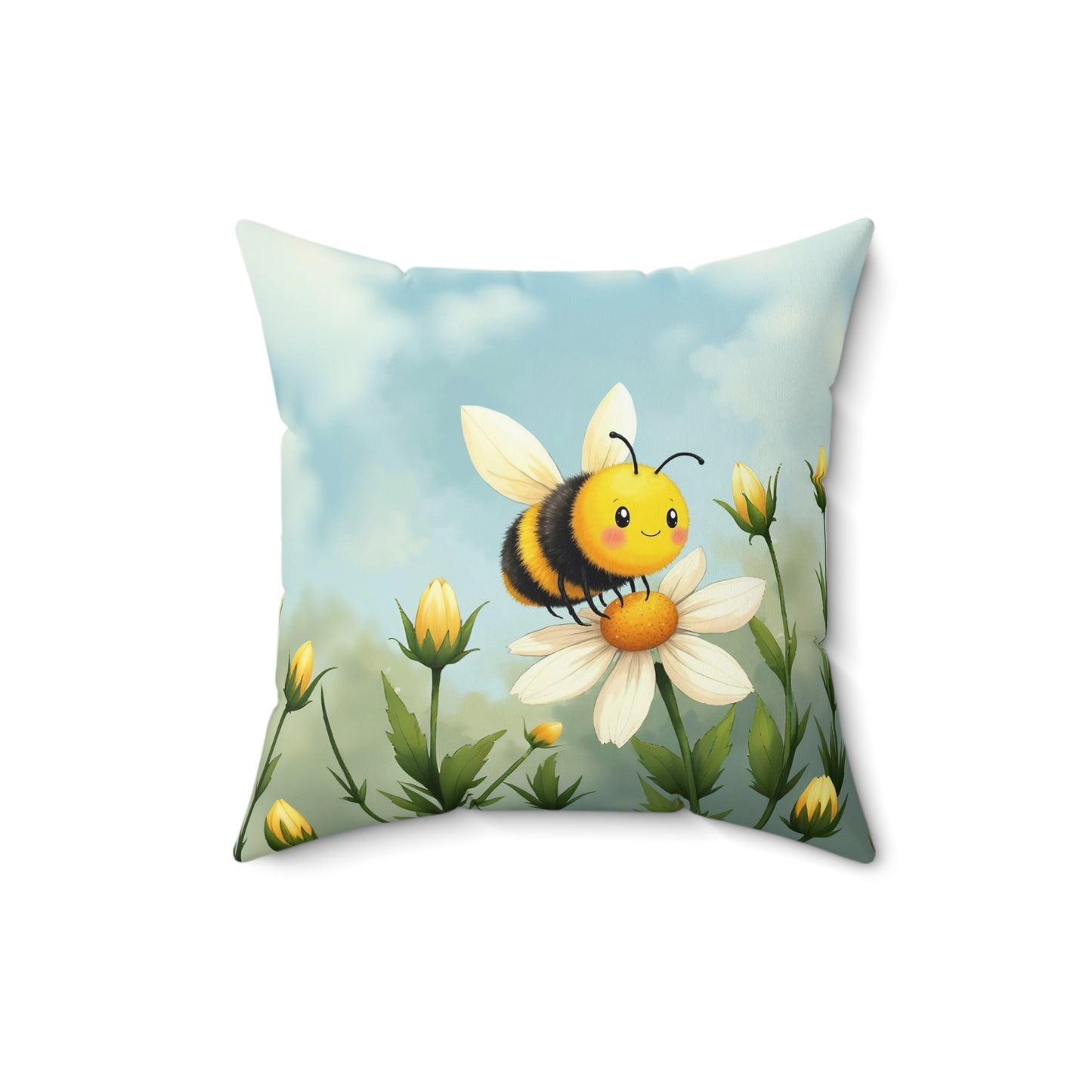 Square Pillow - Cute Honey Bee in Flower Garden by Fairyhill Studio