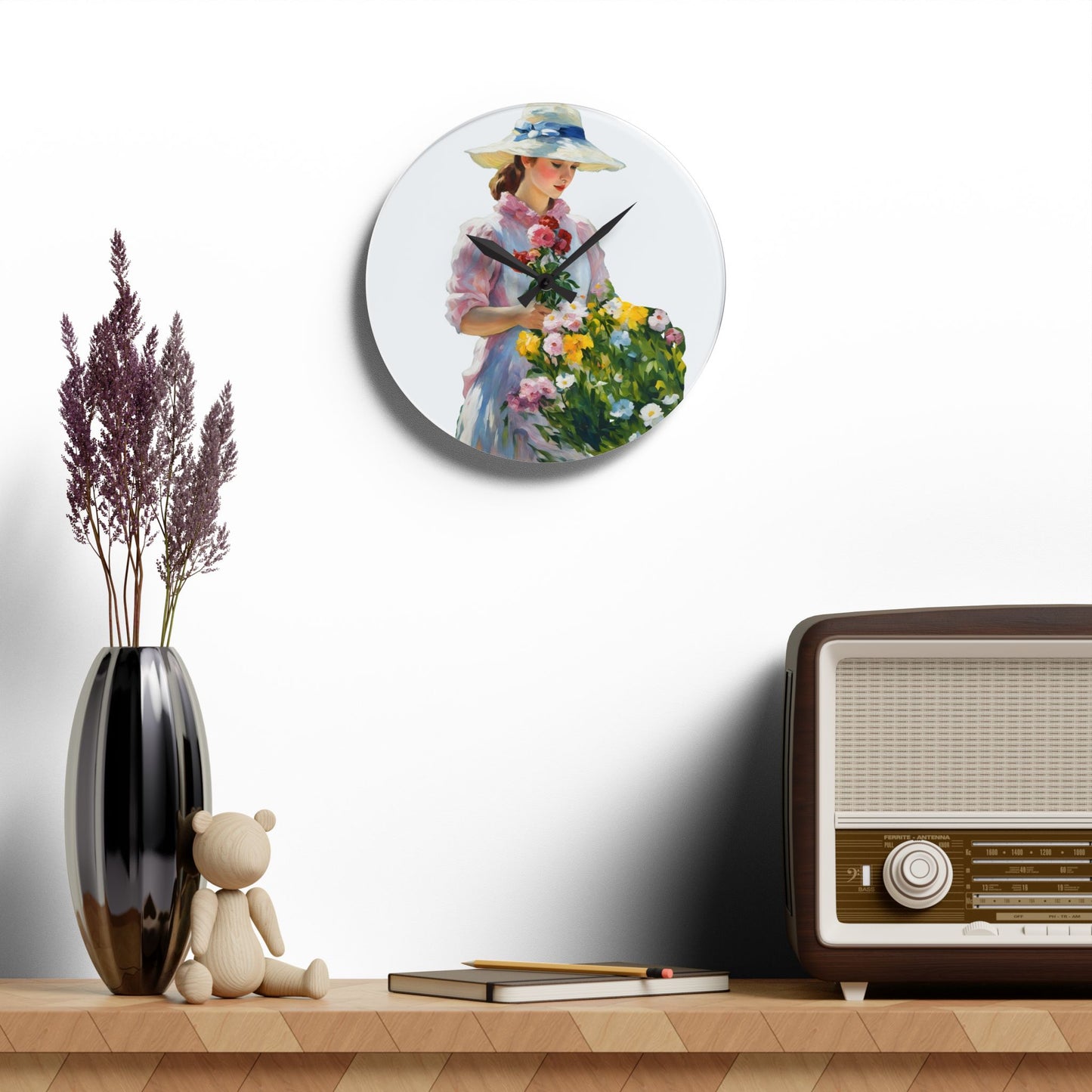 Wall Clock -  Painting of Girl with Flowers
