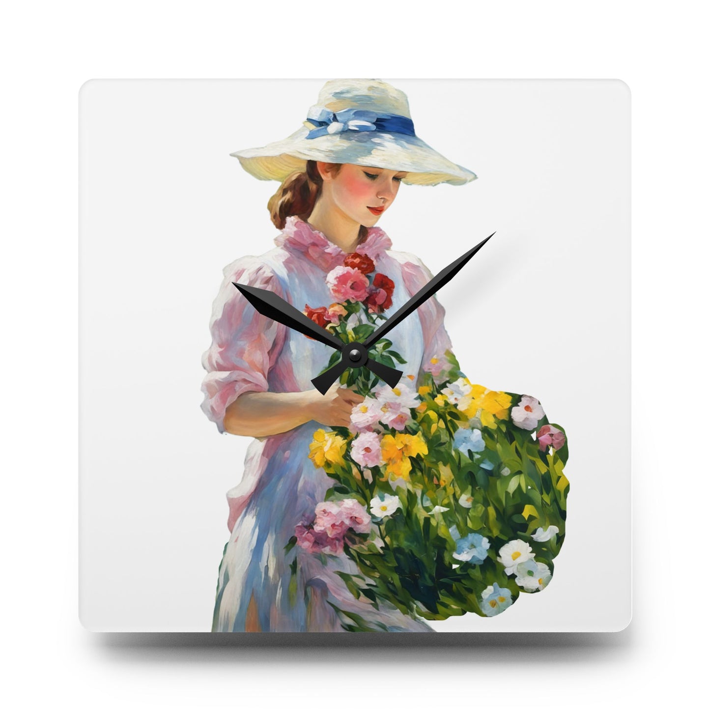 Wall Clock -  Painting of Girl with Flowers