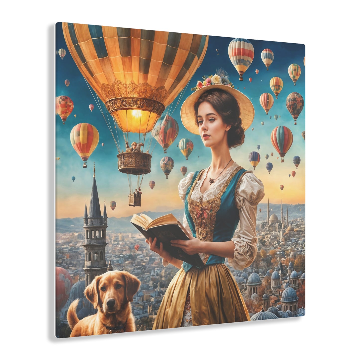 Acrylic Print - Girl with Hot Air Balloons and Cat Wall Art