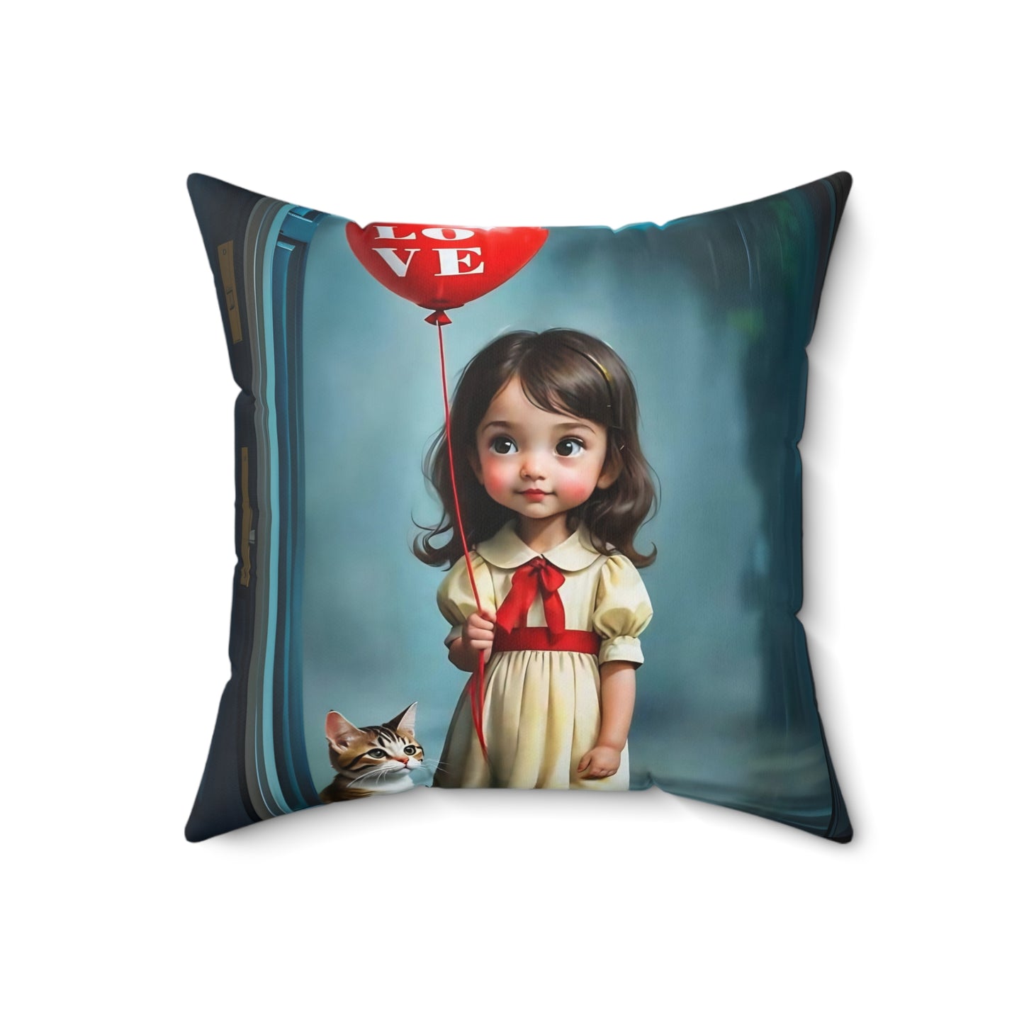 Square Pillow - Cute Girl with Red Love Balloon and Cat Art by Fairyhill Studio