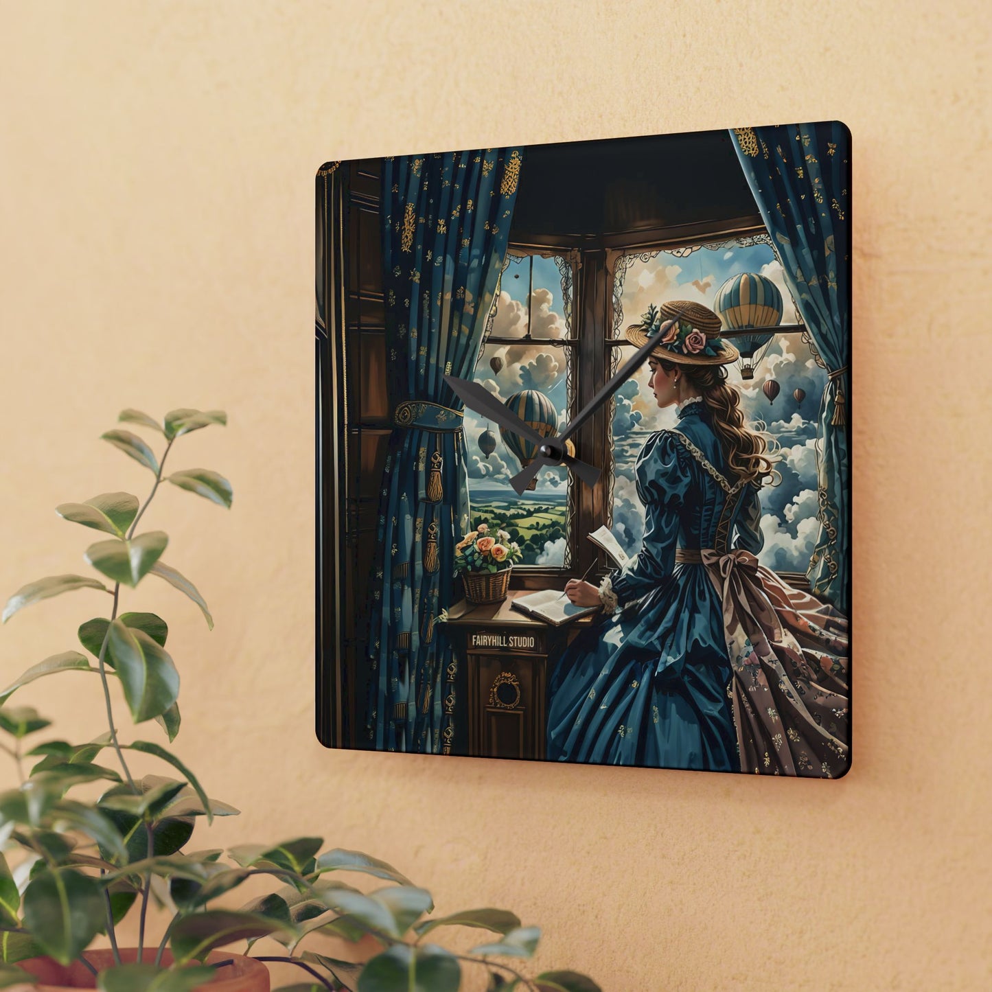 Acrylic Wall Clock -Victorian girl watching the Hot Air Balloons