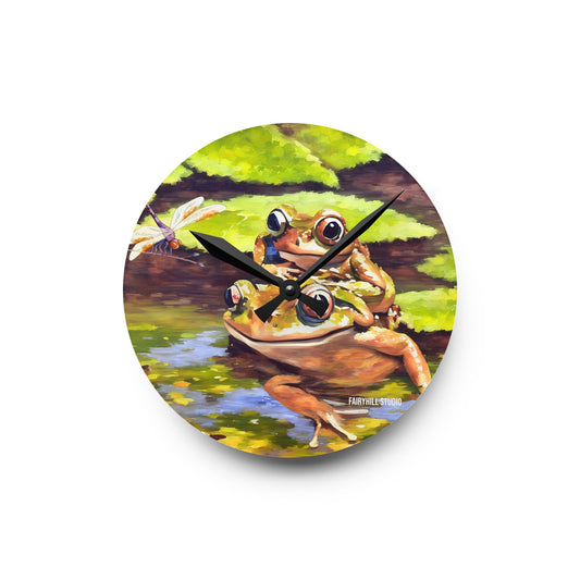 Wall Clock - Frogs and a Dragonfly in a Pond Acrylic Wall Clock