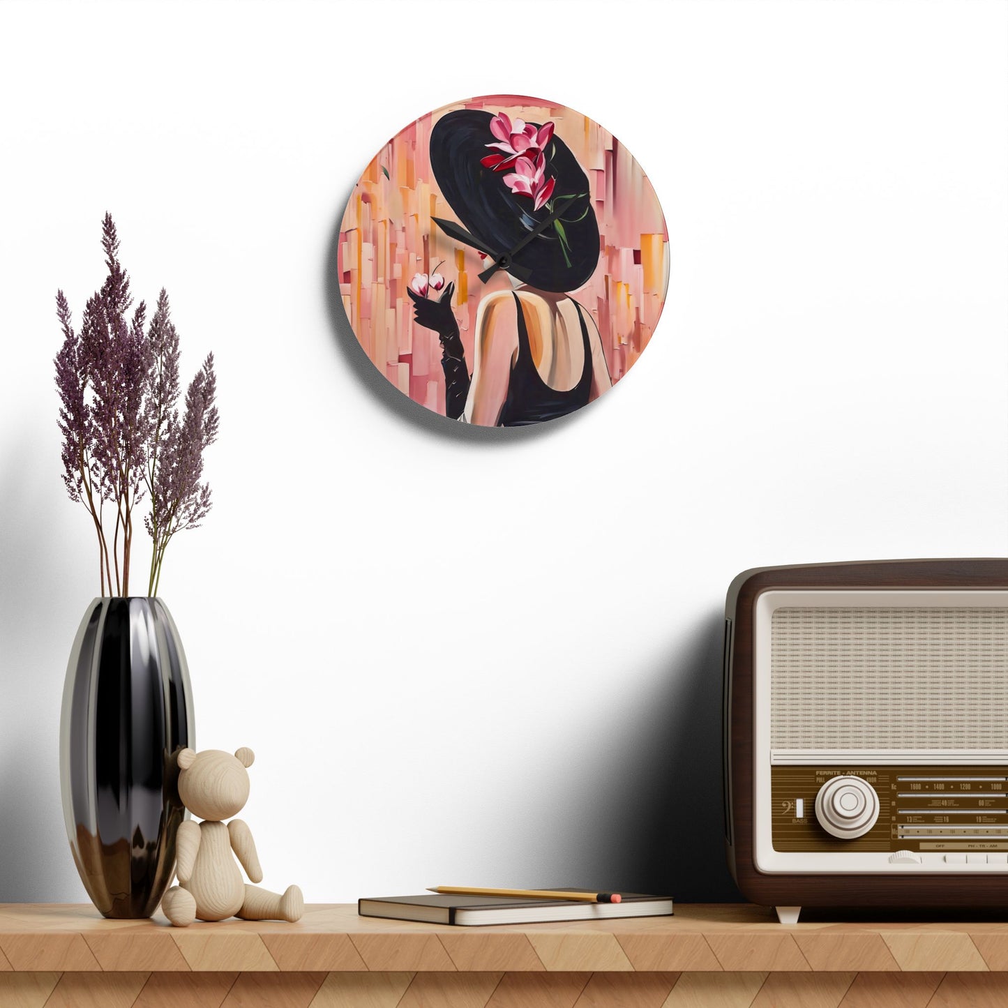Acrylic Wall Clock Pink and Black Art Lady with Black Hat Marini Glass Fairyhill Studio Design
