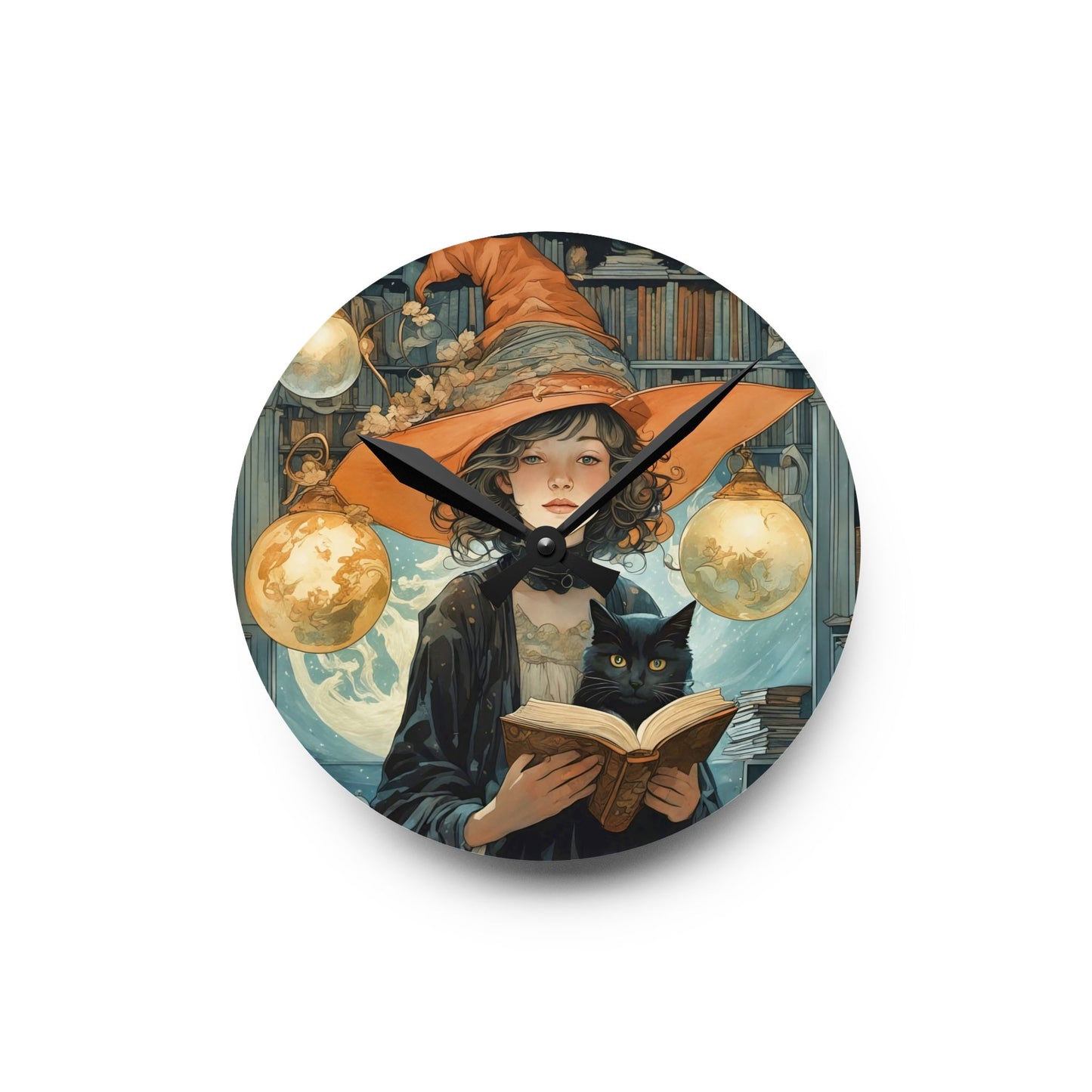 Acrylic Wall Clock - Witch and Black Cat Reading Book Art by Fairyhill Studio
