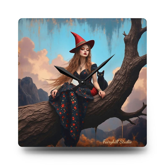 Elegant witch with black cat Wall clock  Gift   Acrylic Wall Clock