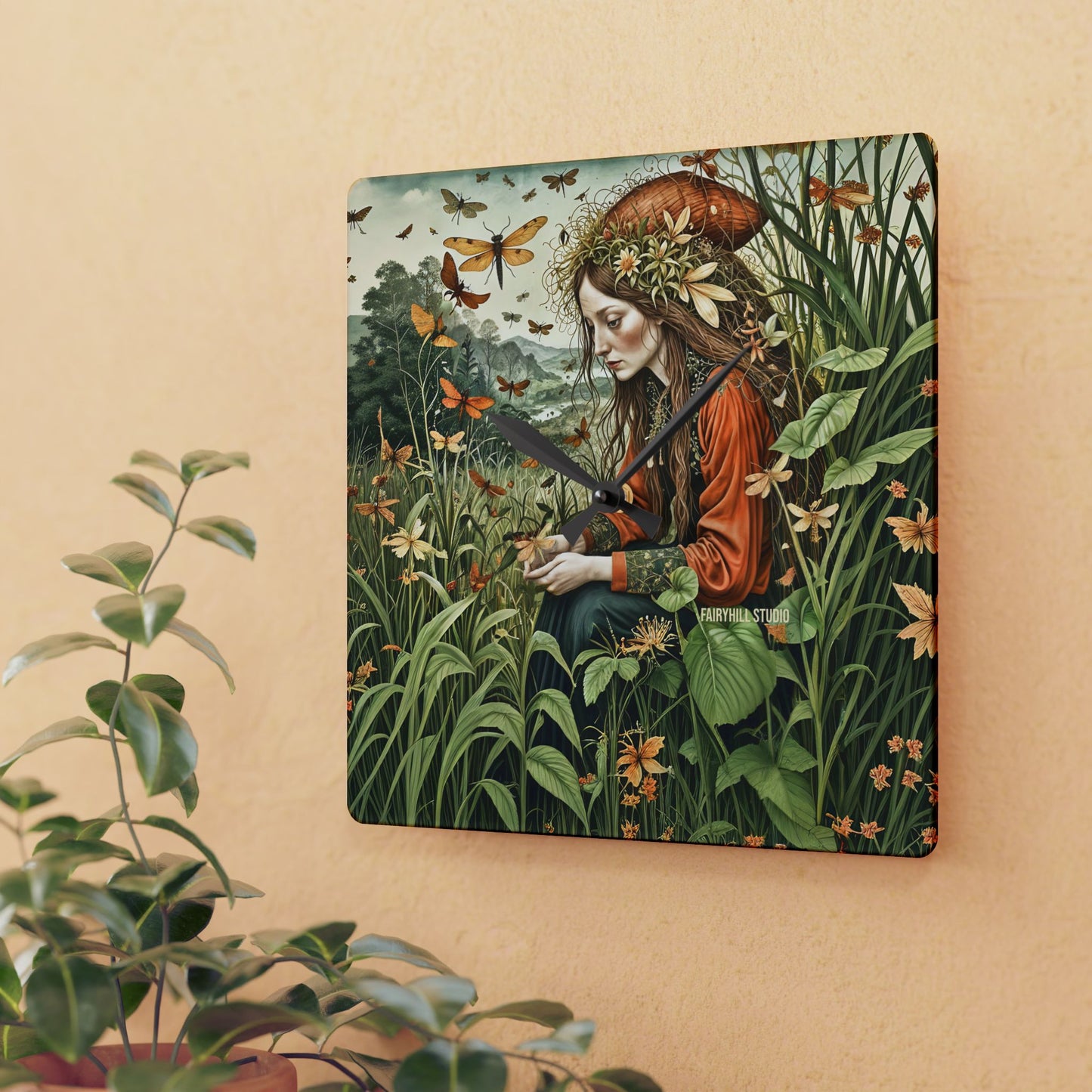 Acrylic Wall Clock - Botanical garden and Dragonflies Art