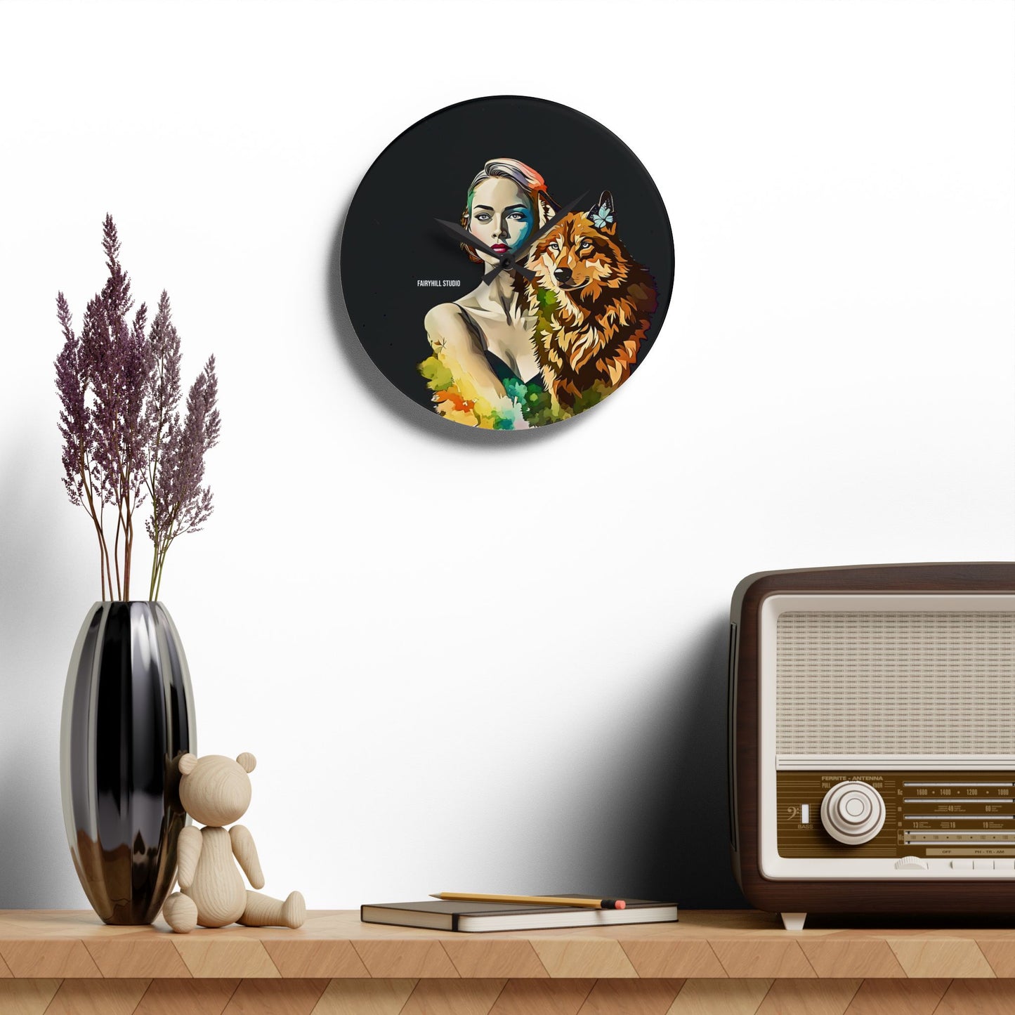Acrylic Wall Clock -Girl withSpirit Animal Wolf/Art