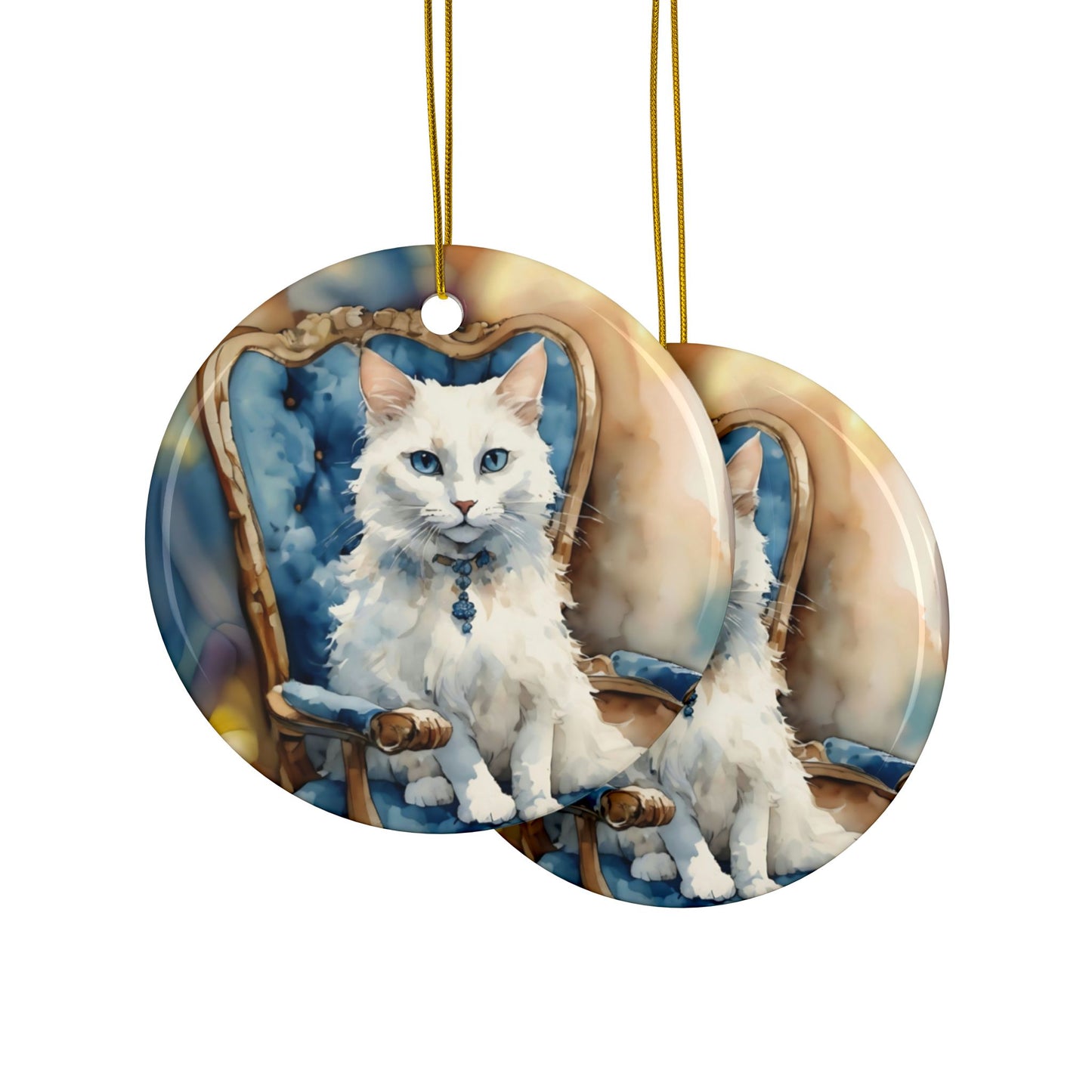 Ceramic Ornaments - White Cat on Blue Chair - 2-Side Print - Holiday Decor