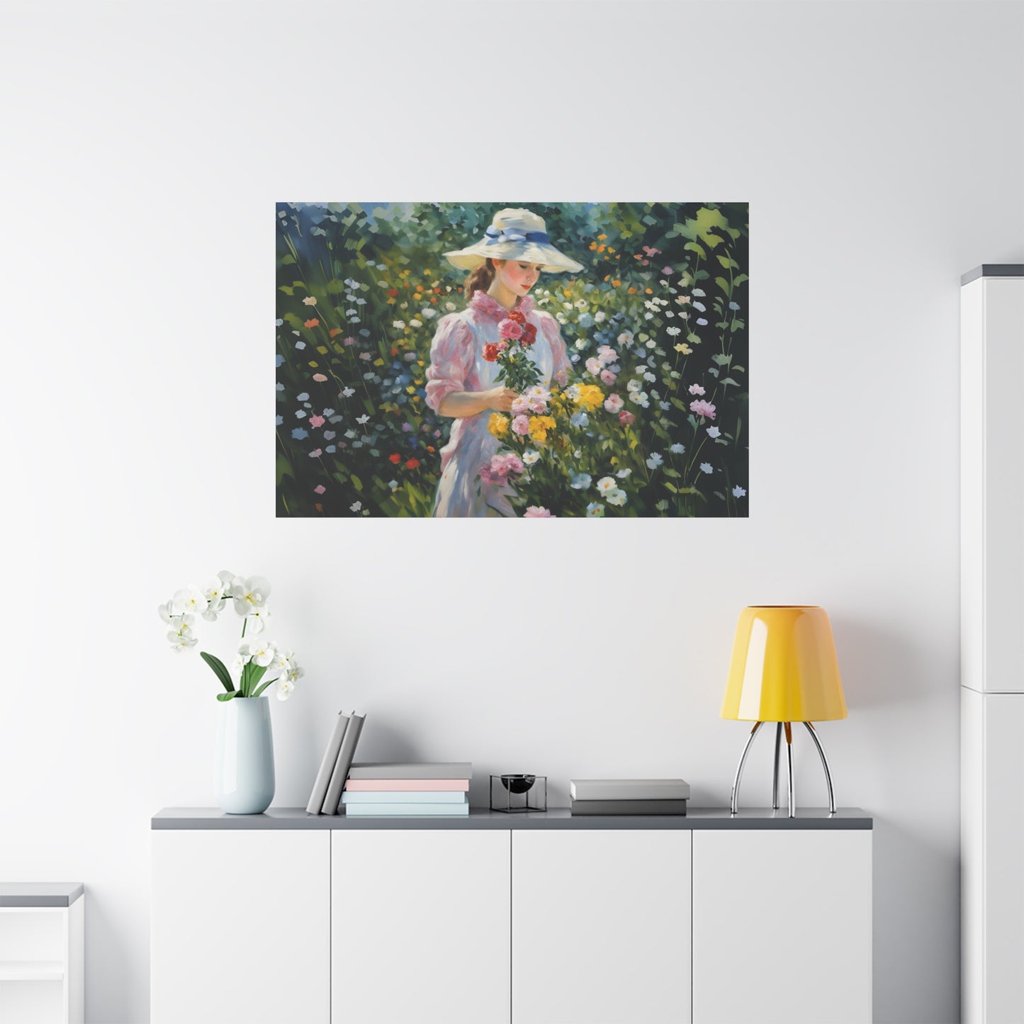 Canvas Art - Monet Style Floral Serenity with Elegant Woman and Flower Basket, Stretched Matte 1 25"
