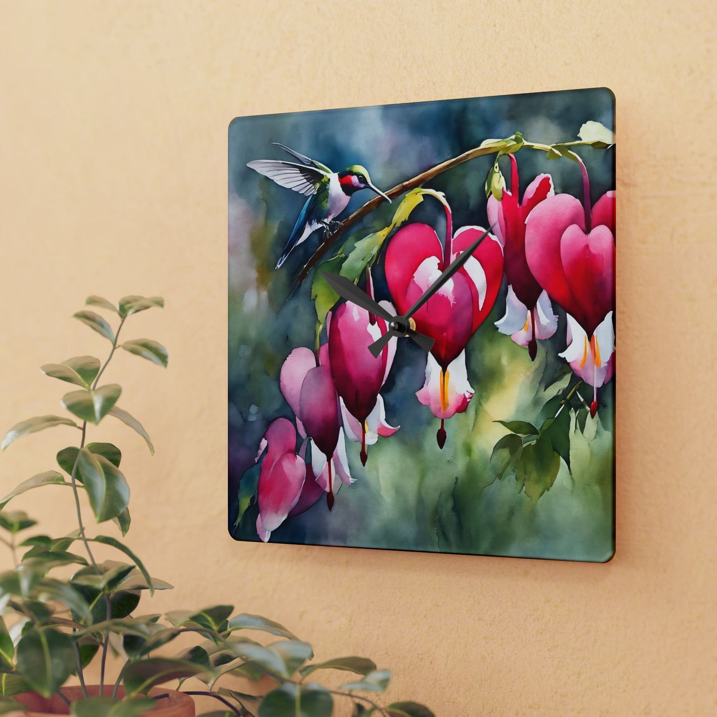 Wall Clock - Watercolor Bleeding Heart Flowers and Hummingbird Art by FairyHill Studio
