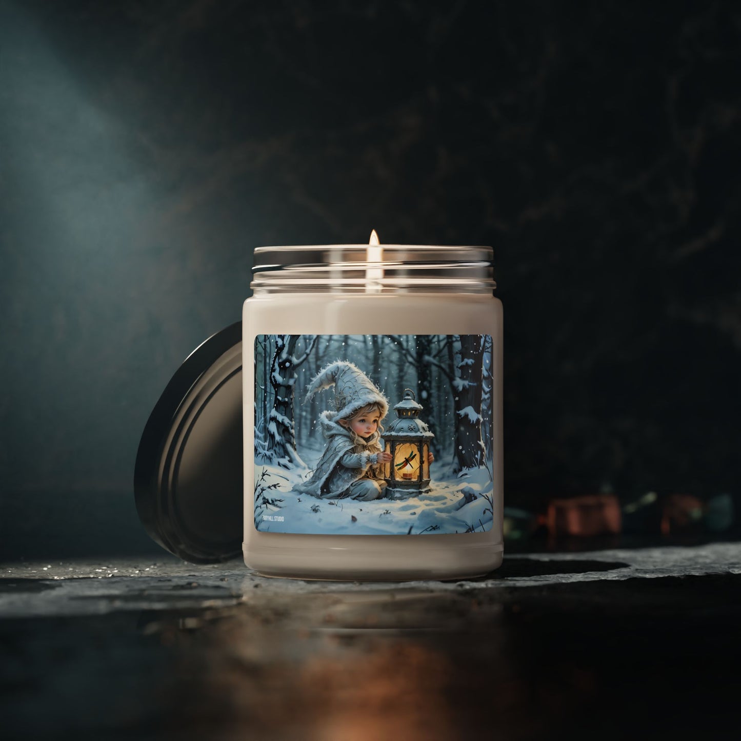 Soy Candle magical holiday art featuring a Lovely Elf with Dragonfly lantern in winter snow