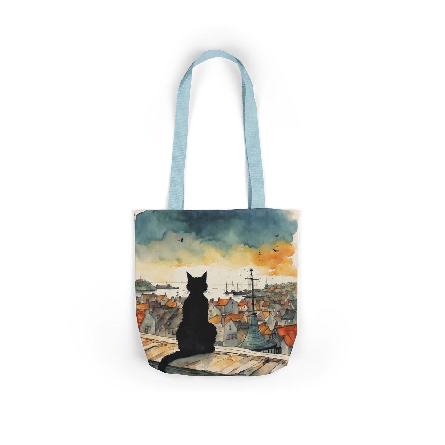 Black cat on a roof top FairyHill Studio Red phone- Canvas Tote Bag - Perfect for Beach Days, Eco-Friendly Shopping, and Summer Fun!