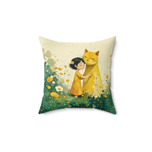 Whimsical Cat and Girl Pillow, Cozy Home Decor, Gift for Cat Lovers, Children’s Room Accent, Birthday & Celebration Decoration