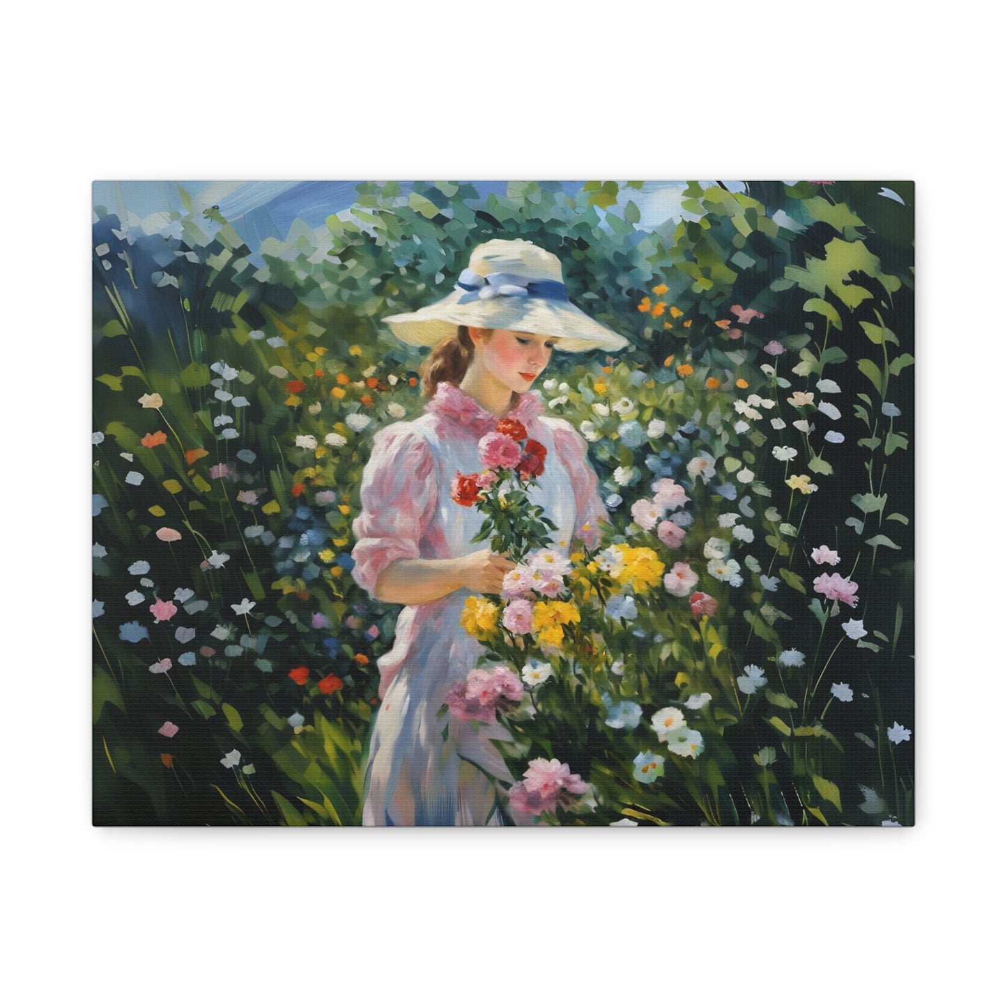 Canvas Art - Monet Style Floral Serenity with Elegant Woman and Flower Basket, Stretched Matte 1 25"