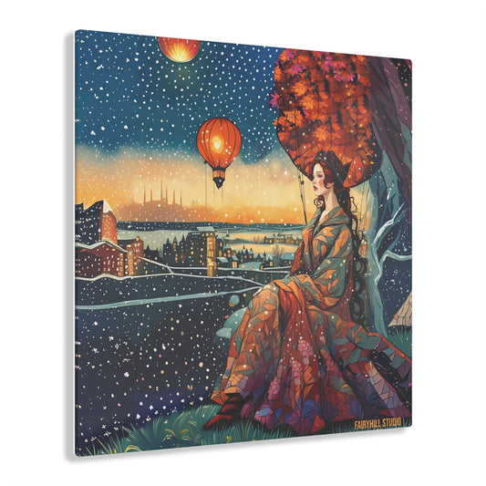 FairyHill StudioGirl with hot air balloons snowing in winter Acrylic Print -