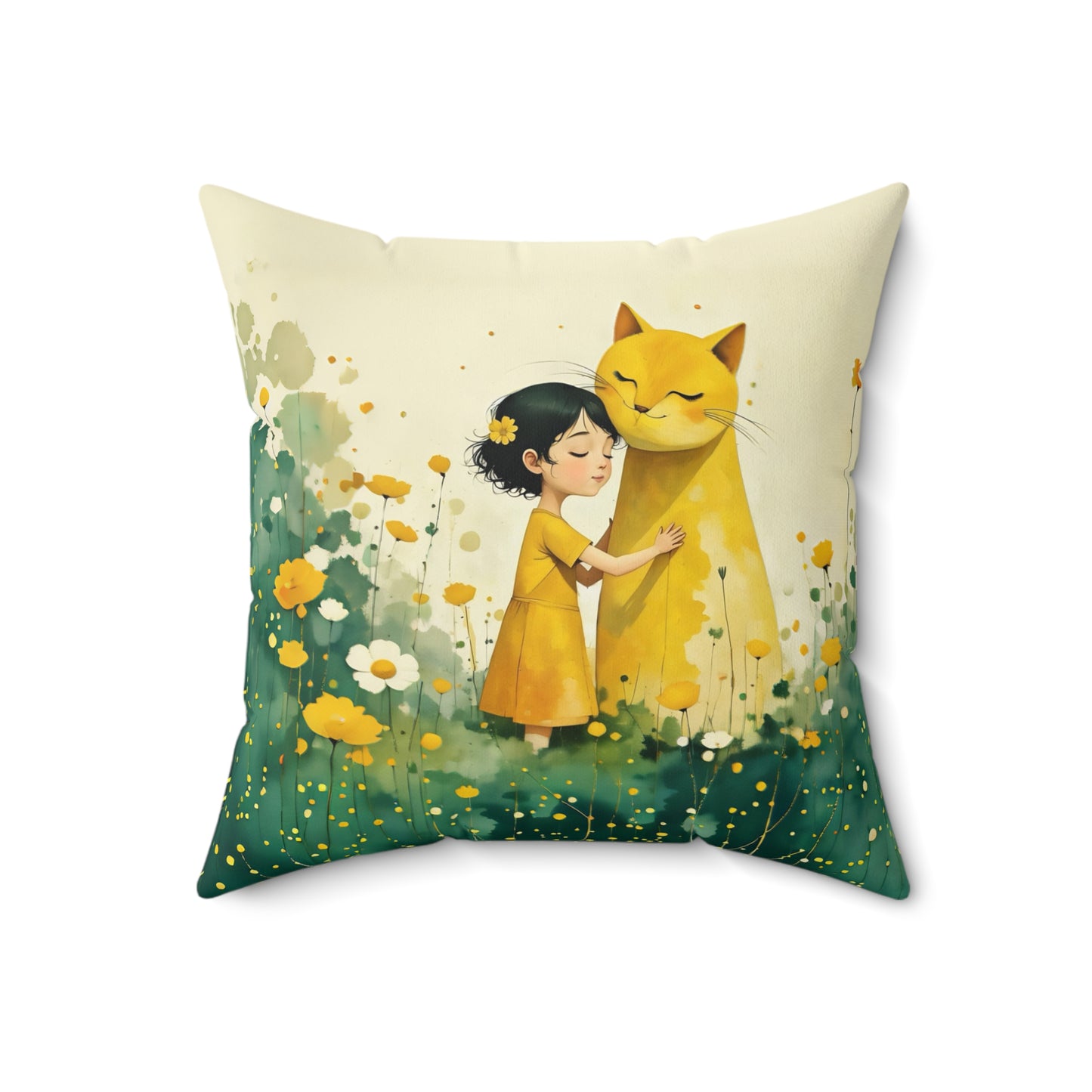 Girl with yellow cat Square Pillow - by Fairyhill Studio